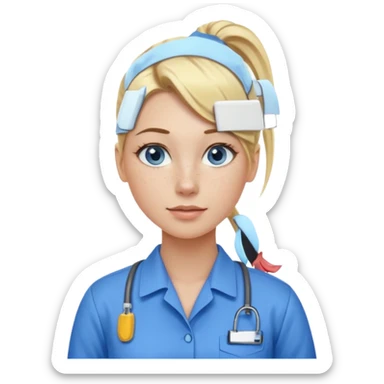 Just a head, blonde hair with lowlights in a ponytail, blue eyes, some freckles, a little older female ready to get some tasks done at work, no body and just one pony high on the back of the heard sticker