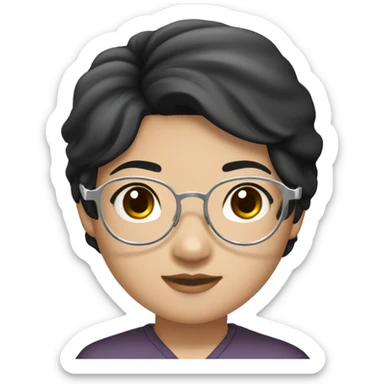 Asian girl, with white skin tone, black hair, wearing silver round harry potter glasses and a white scrub and a stethoscope  sticker