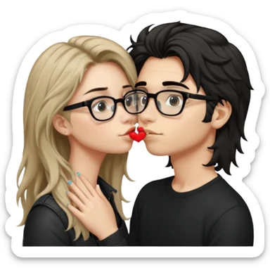  garçon avec les cheveux brun très clair ébouriffés, qui embrasse une fille avec les cheveux noir long qui a des traits d’eye-liner, des lunettes noir et un piercing au nez sticker