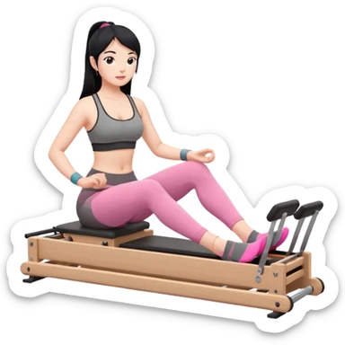 Create a Pilates emoji: a girl with fair skin and black hair, wearing a grey bra and grey leggings with pink pilates socks, doing sitted stomach massage on a wooden reformer. Make it look at the reformer. Make the colors neutrals. sticker