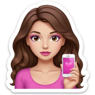 girl with long wavy brown hair, brown eyes, long lashes makeup, sexy pink lips, light to medium complexion, wearing a pink sexy t sticker