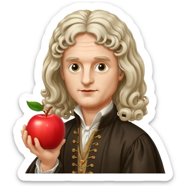 Isaac Newton wearing 17th-century aristocratic attire with long curled periwig, hold an apple sticker