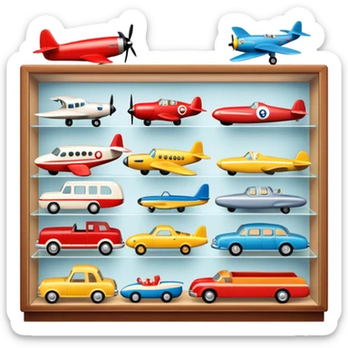 Icon for Toy Collecting: a collection of various vintage toys such as dolls, tumblers, cars, planes, ships, action figures and plush animals, displayed neatly on shelves or in display cases. The icon should evoke the joy and nostalgia of collecting toys. Transparent background. sticker