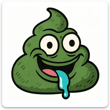 Make this green, goopy AI slop emoji look more like the classic poop emoji shape, but keep the green color and goopy, slimy texture. Add a mischievous, silly face in the style of Pepe the Frog meme. sticker