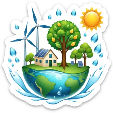 An icon featuring a green Earth, a tree, recycling symbols, and renewable energy sources like wind turbines, solar panels, and hydropower. The design includes animals, water droplets, and the sun, representing ecology, sustainable energy, and environmental protection. Transparent background. sticker