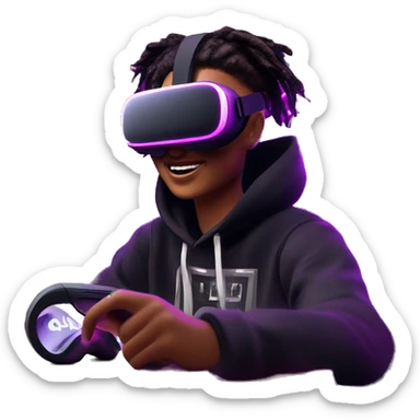 Happy student wearing a black hoodie with "OMG" letters on it and VR headset oculus quest 2 in a cyberpunk VR environment with violet neon lighting. sticker