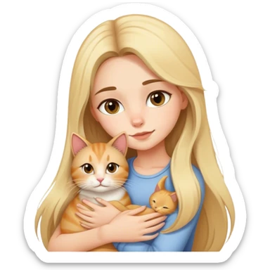 a pretty girl with long brunette hair was cuddling an blonde cat. sticker