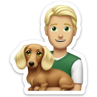 Green eyed blonde guy with long haired dachshund  sticker