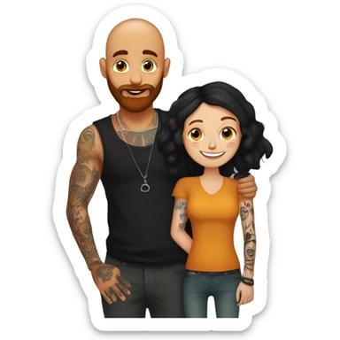 Indian Beard guy with bald head and tattoos only on left hand hugging a ginger hair Croatian girl with septum ring and tattoos on right hand  sticker