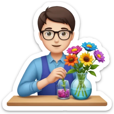 Young male florist – wearing glasses, arranging flowers in a vase. sticker