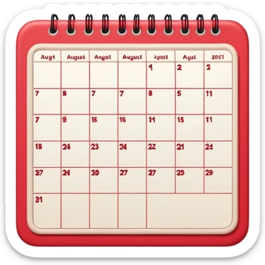 a monthly calendar labeled “August,” with rounded square date boxes, scalloped border frame, playful red doodle lines, and a cozy planner vibe. Minimal kawaii style, flat pastel color palette, slightly imperfect sketch lines, centered object, no background sticker