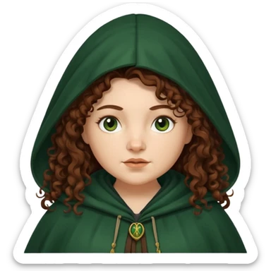 A white woman with a chubby face, with extra long dark auburn hair, cloaked and hooded like she's a Traitor in the tv show 'The Traitors'. her hair is frizzy curly, not with defined curls, and the robe is a very dark green/almost black color sticker