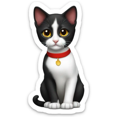 Tuxedo kitten with a red collar sticker