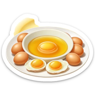 Chicken, cod liver oil, and egg yolks surrounded by a gentle golden radiance symbolizing vitamin A. The foods float in a pleasant arrangement with a subtle glow showing their nutritional benefits. sticker