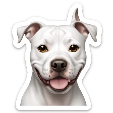 Smiling White American Staffordshire terrier with light gray/brown patches by only her left ear and blue eyes sticker