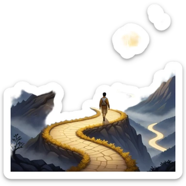 A man walks a winding path from a dark, foggy landscape filled with shadows toward a glowing mountaintop. A light grows in his chest as he follows his intuition. Along the way, he passes symbols of ambition and emptiness, until he reaches a golden tree under a starry sky, and ready to uplift others. sticker