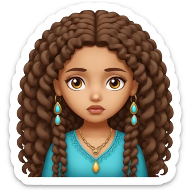 a tan pretty bratz indian girl with curly long brunette hair, looking sad sticker