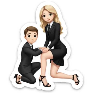  Sabrina carpenter kneeling down wearing a black dress with a tie with black heel sandals, putting her hand on man’s leg  sticker