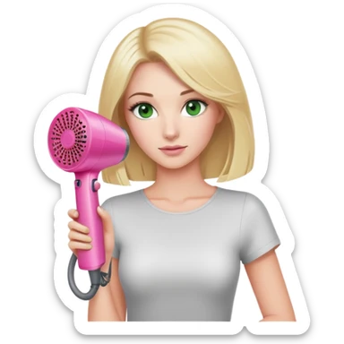 blonde woman with green eyes holding a pink Dyson hair dryer, simple pose sticker