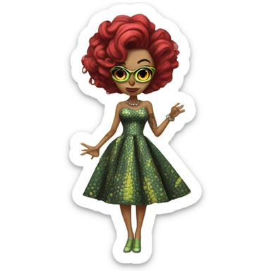a Reptilian alien woman, full body, in rockabilly dress sticker