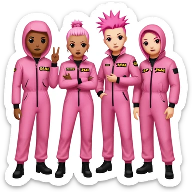 punk artists in pink jumpsuits protesting for spam meat as art sticker