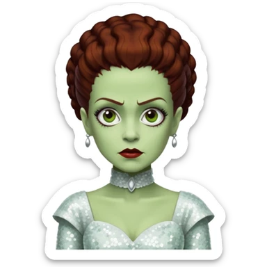 Bride of Frankenstein from Universal Monsters with pale greenish skin, dark auburn hair, white sequin outfit sticker
