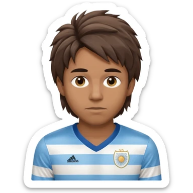 Hola hace una persona morocha con pelo mediano pero no peinado y ojeras con remera de Argentina sticker