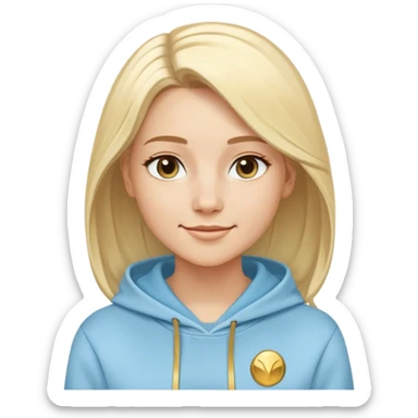 Caucasian female with oval face, light blonde hair with side part, serene smile, light blue sporty hoodie with gold and white fantasy details sticker