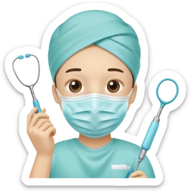 Tooth character wearing a medical face mask, holding dental equipment, clean flat illustration, simple emoji design, suitable for Canva.” sticker