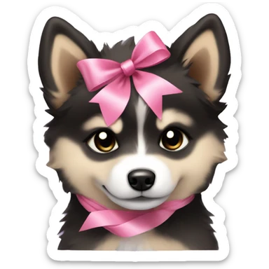 One black and beige pomsky puppy with a pink ribbon in his head sticker