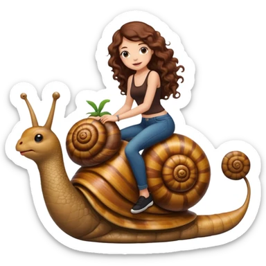 cute woman long curly brown hair tattoos riding giant snail sticker