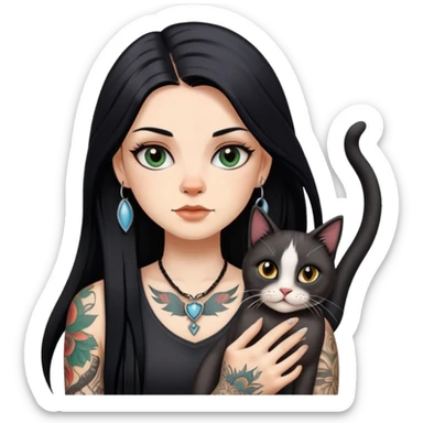 white girl with long black  straight hair and tattoos and  a German Cat sticker