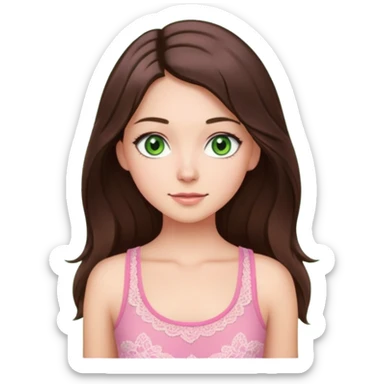 super long haired brunette with middle part cute pink lacy tank white but tan green eyes hairflip sticker