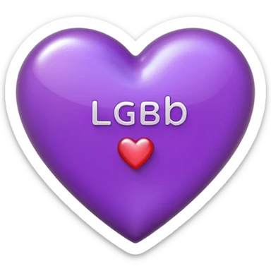 A photograph of a high-quality 3D purple heart-shaped emoji with a polished, glossy finish.The texture is smooth and candy-like, with a glass-like sheen that gives it a modern, high-end aesthetic. Add text as "LGB" in centre of heart sticker