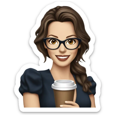 Hyper Realistic Kate Beckinsale dark blue eyes wearing glasses in a business dress drinking coffee happy  sticker