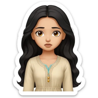 a pretty tan bratz girl with long wavy black hair, wearing a light kurti. looking sad sticker