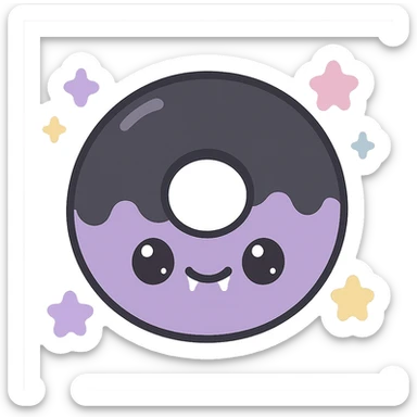 kawaii style gothic donut, adorable expression, black and purple glaze, small fangs, pastel stars, fun and gothic sticker