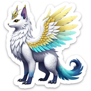 White Iridescent Colorful Exotic White, Gold, Yellow, Silver, Beaked Feathery Nocturnal Neon-glowing Abyssal Lightly Heaven-Cat-Gryphon-Suicune-Nargacuga-Silvally-Vernid-Sergal-Fakémon-Hybrid-Creature with tufted tail (full body) sticker