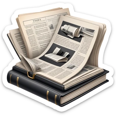 Icon for Non-Fiction & Narrative Reading: an open book with black-and-white photos on the pages, surrounded by a pile of newspaper clippings, and an open folder with top-secret documents. The icon should reflect the blend of real stories and facts in non-fiction literature. Transparent background. sticker