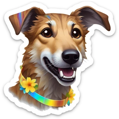  brindle brown black maroon striped lurcher Alsatian fox running blue eyes and iridescent holographic oilslick harness wearing paper iridescent tropical flower crown yellow caution tape sticker