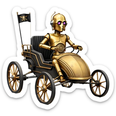 Old American West tarnished C-3PO bounty hunter 1854 delicately ornate rosegold accents painted dune buggy buckboard wagon powered by electric motors and batteries with safety features and belts flying rapidly across rough dusty terrain stable on strong agile futuresteampunk suspension and steering  sticker