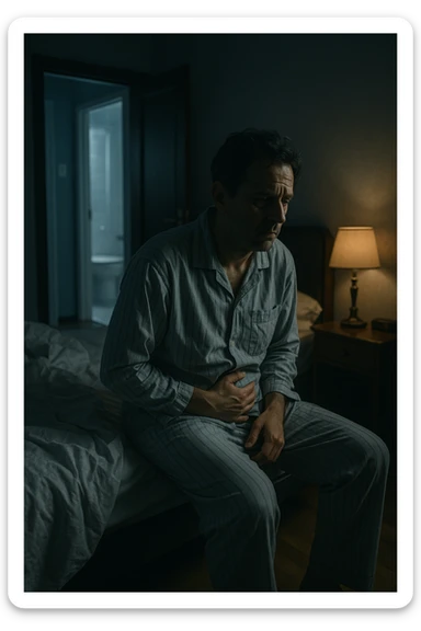 A nighttime scene inside a dimly lit bedroom. A man in his 50s sits stanco sul bordo del letto, con lo sguardo perso nel vuoto, mentre una luce fioca proviene dalla lampada sul comodino. Indossa un pigiama spiegazzato, e si tiene leggermente la zona bassa dell’addome. Dietro di lui, il letto è visibilmente disfatto, segno di sonno interrotto. Una porta socchiusa sullo sfondo mostra la luce accesa in bagno, con il pavimento riflettente che indica i numerosi passaggi notturni. Il tono è cupo ma realistico, con colori freddi, blu e grigi, e un leggero bagliore lunare che filtra dalla finestra. Stile: 35mm film, profondità emotiva, dettaglio ambientale. in italiano sticker