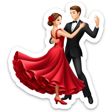 Icon for Ballroom Dancing: a pair of ballroom dance shoes, a rose, a dance floor, a flowing, voluminous ballroom dress in motion, and a shining spotlight. The icon should represent the elegance and atmosphere of ballroom dancing, focusing on the attire and setting. Transparent background. sticker