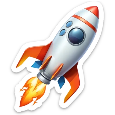 Space rocket, three-dimensional, in a cartoon style, on a white background, bright colors, with a perspective composition, high saturation, prominent details, floating effect, lively atmosphere sticker