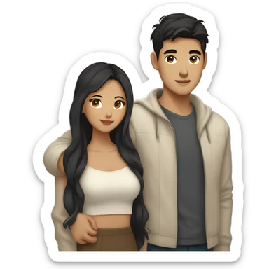 A half pale Asian man with short dark hair and amber eyes embracing and loving a half Asian woman with long wavy dark hair and dark hazel eyes. They love each other a lot And have good fashion taste. sticker