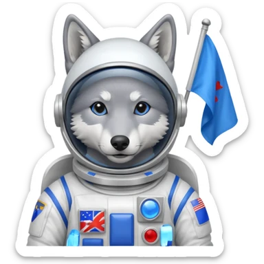 a wolf in space suit, holding blue rectangle flag sticker
