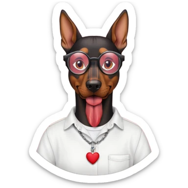 Generate a emoji of a big evil doberman dog with red eyes and a tongue sticking out, give the doberman a human body with a white shirt and baggy jeans, make the doberman have ear piercings and a septum ring, make the dog have black circular glasses with a red tint sticker