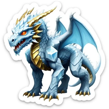 This extraordinary hybrid creature combines the elemental power of an ice dragon with the raw physical might of a stone golem. Its core body resembles a cluster of angular, faceted stones that have been infused with magical ice energy. The creature's head features a draconic shape with curved horns and piercing amber-gold eyes, but parts of its face retain the jagged stone texture. Blue-white energy flows between the rock segments, creating glowing lines throughout its body. The creature has developed partial wings made of crystalline ice formations extending from its rocky frame, and its tail alternates between stone segments and ice spikes. Sharp teeth line its mouth, some appearing as polished stone, others as ice crystals. Frost continuously emanates from its body, and when it moves, it creates a distinctive sound of grinding stone and crackling ice. full body sticker