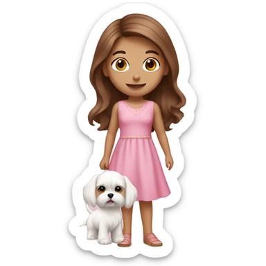 Brown hair girl with maltese puppy with pink dress sticker