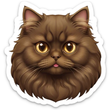 Cinematic Adorable Big-Eyed Fluffy Dark Brown Persian Cat Portrait Emoji, Head tilted playfully with a sweet expression, fluffy dark brown fur with rich caramel and gold undertones, Simplified yet irresistibly cute features with large, expressive eyes, highly detailed, glowing with a warm and gentle glow, high shine, a mix of affectionate and curious, stylized with a touch of whimsy, bright and full of charm, soft glowing outline, capturing the essence of a fluffy, loving kitty with oversized eyes, so endearing it feels like it could leap out of the screen and cuddle with you instantly! sticker